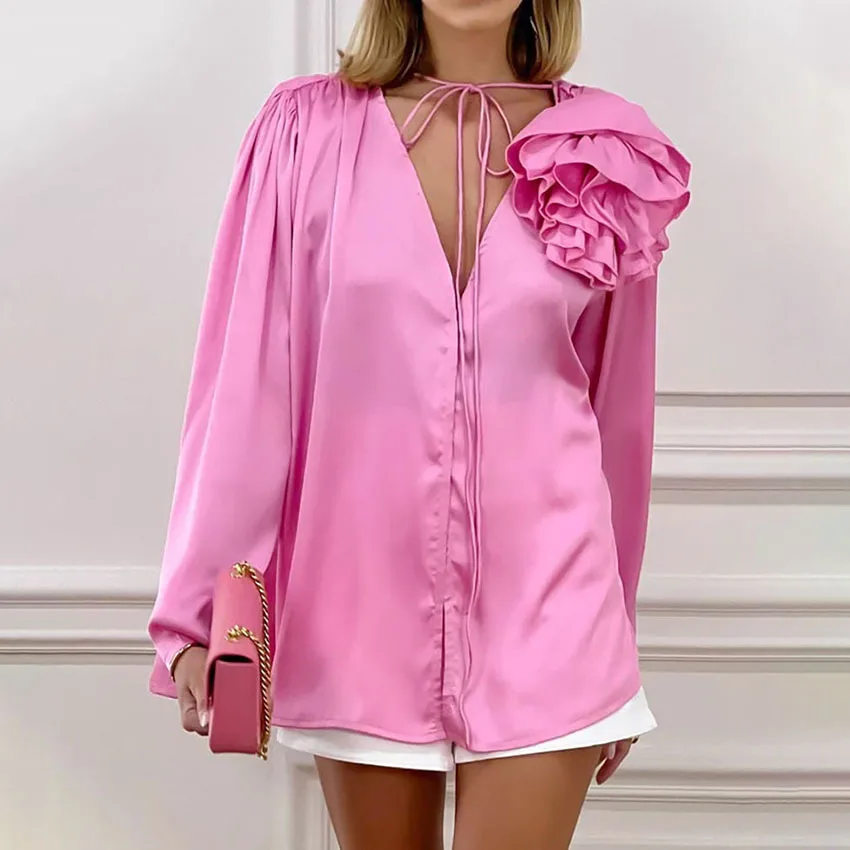 

Spring 2023 Detachable Pink Bow-tie Shirt Worn Womens Long-sleeved Shirts Womens Tops Blouse