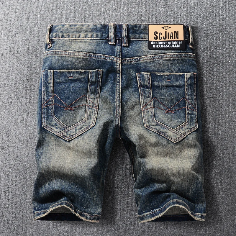 Summer Fashion Designer Men Jeans Retro Black Blue Elastic Patchwork Slim Ripped Jeans Homme Embroidery Vintage Denim Shorts Men