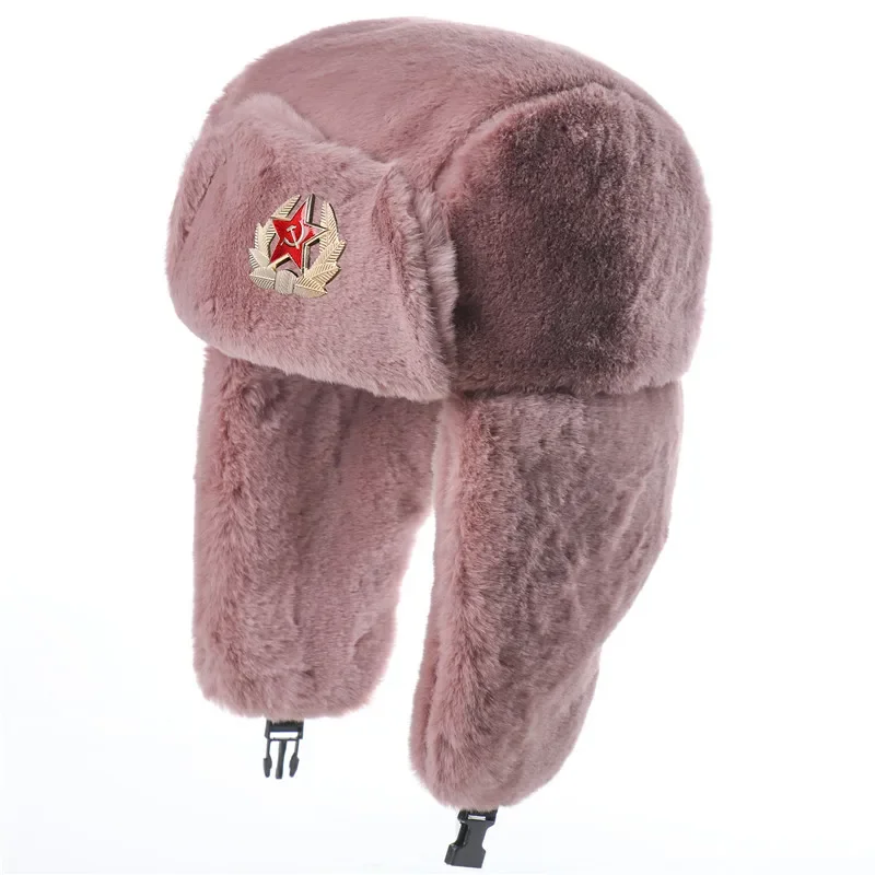 Winter Men Women Soviet Army Military Badge Russia Bomber Hats Pilot Trapper Trooper Hat Faux Fur Earflap Ski Snow Caps Ushanka