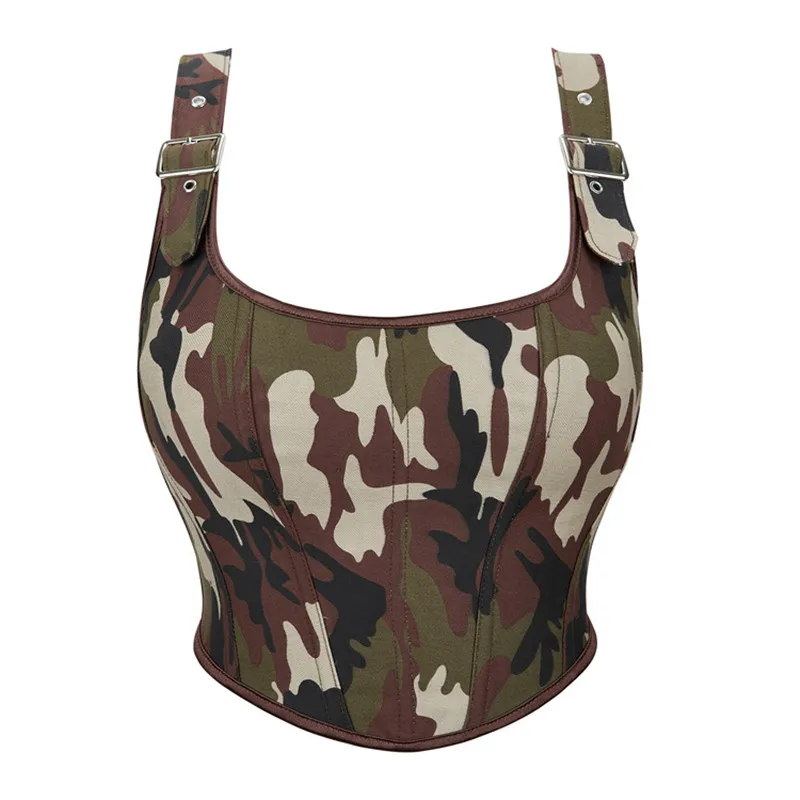 

Women Camouflage Camo Print Fashion Sexy Corset with Shoulder Straps Female Underwear Backless Bustier Crop Tops Vest Plus Size