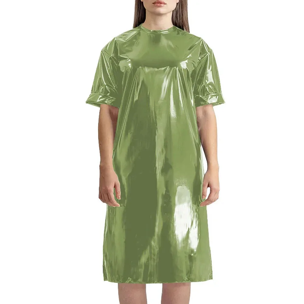 Plus Size Womens Loose Fitting T-shirt Dress Shiny PVC Leather Short Sleeve O-neck Over Knee Dress Punk Solid Color Long T-Shirt 5