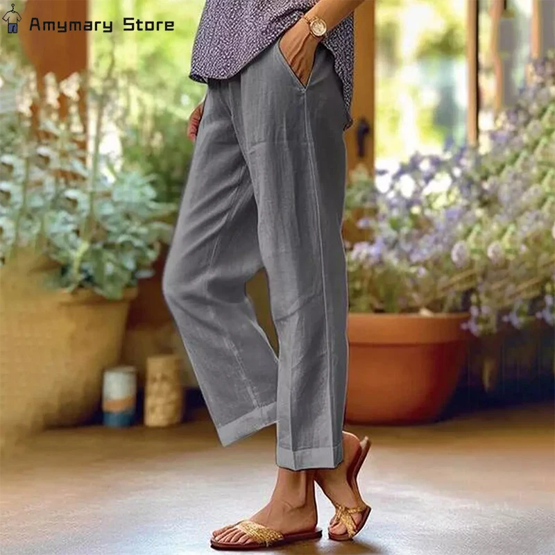 Summer Women's Casual Straight Pants Fashion Solid Color Pocket Elastic Waist Casual Pants Office Business Professional Pants