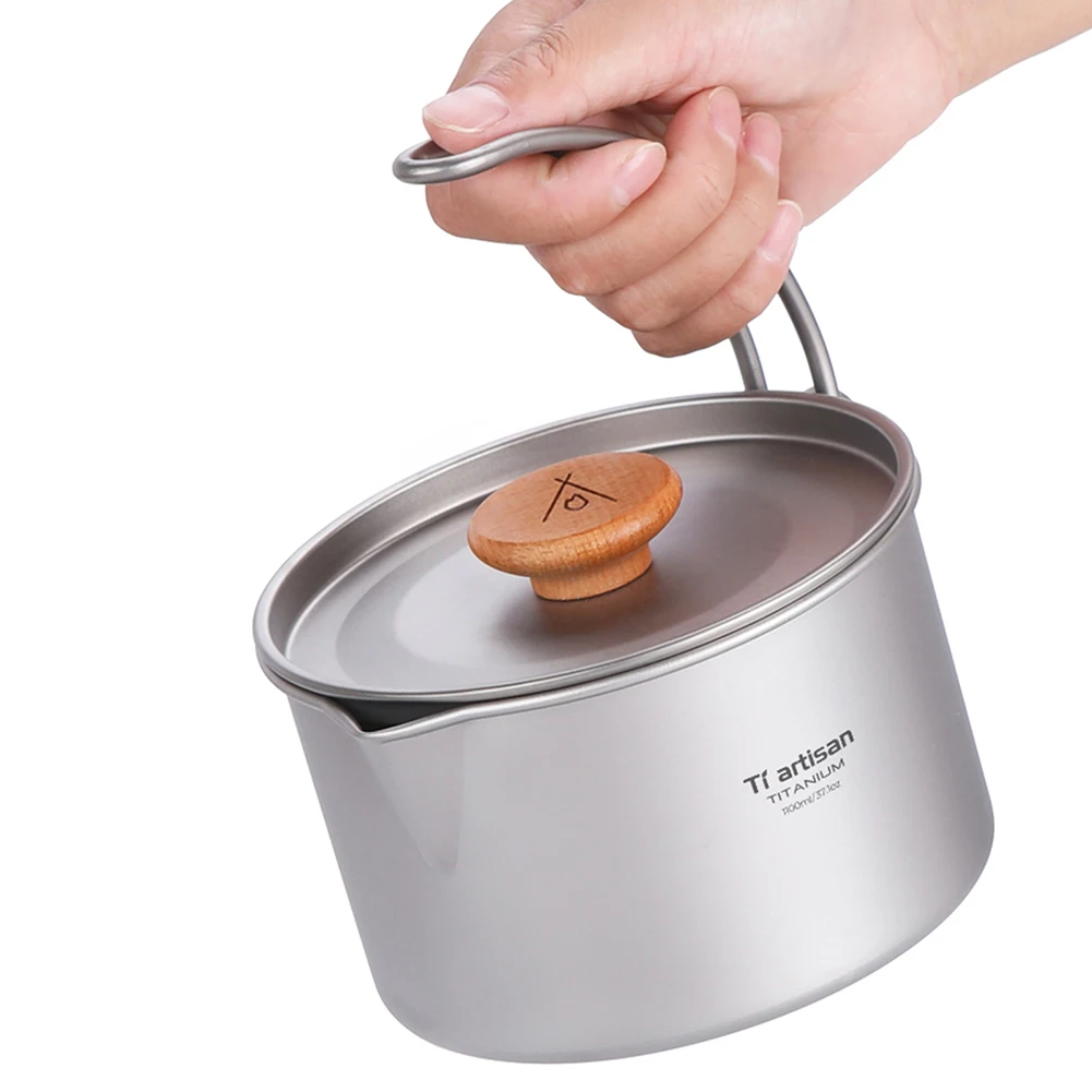 1pc Camping Pot 1.1L Titanium Bushcraft Hanging Pot With Detachable