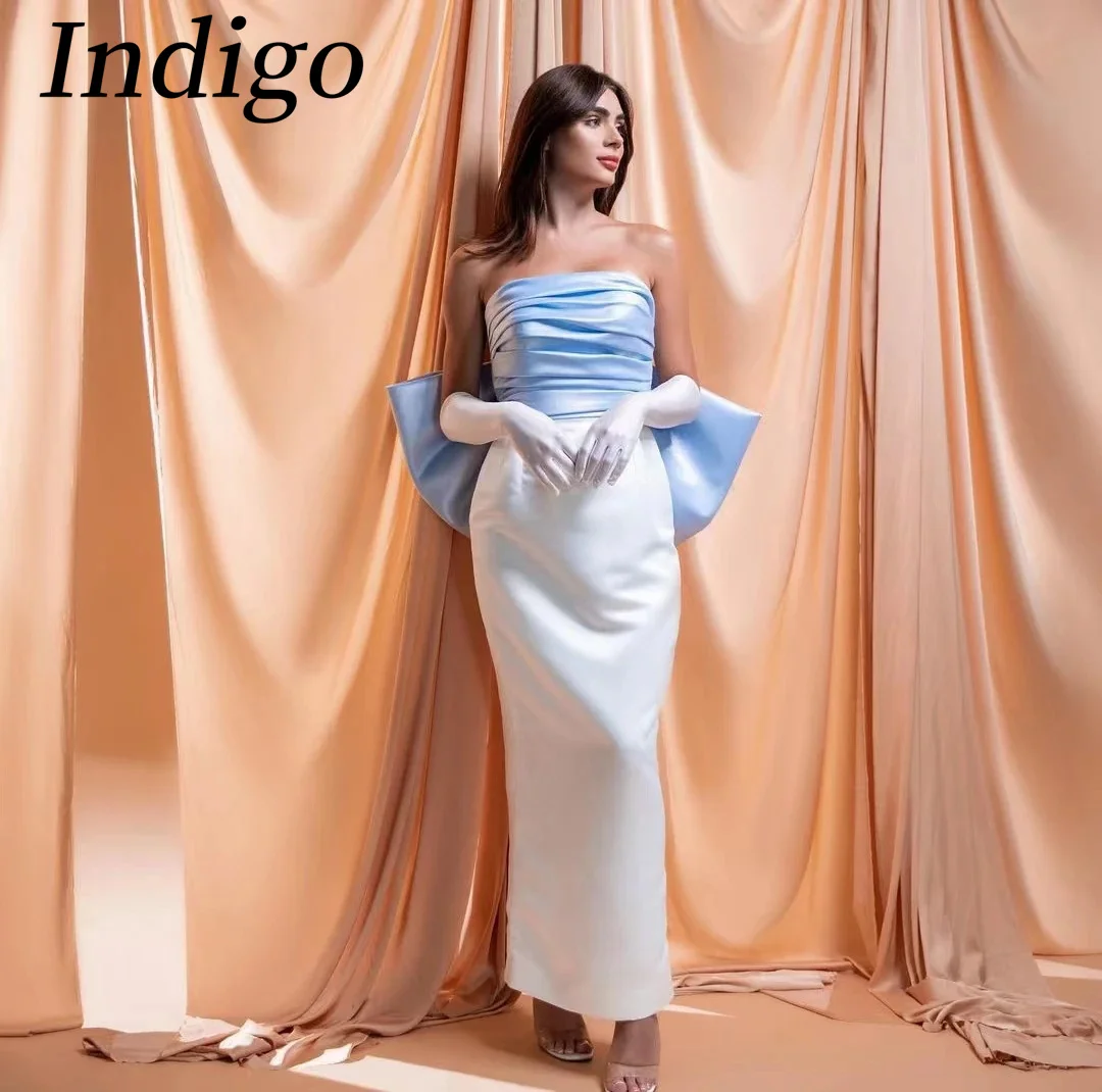 

Indigo Sky Blue-White Satin Evening Dresses Strapless With Bow Gloves Women Simple Elegant Party Saudi Dress 2024 فساتين السهرة