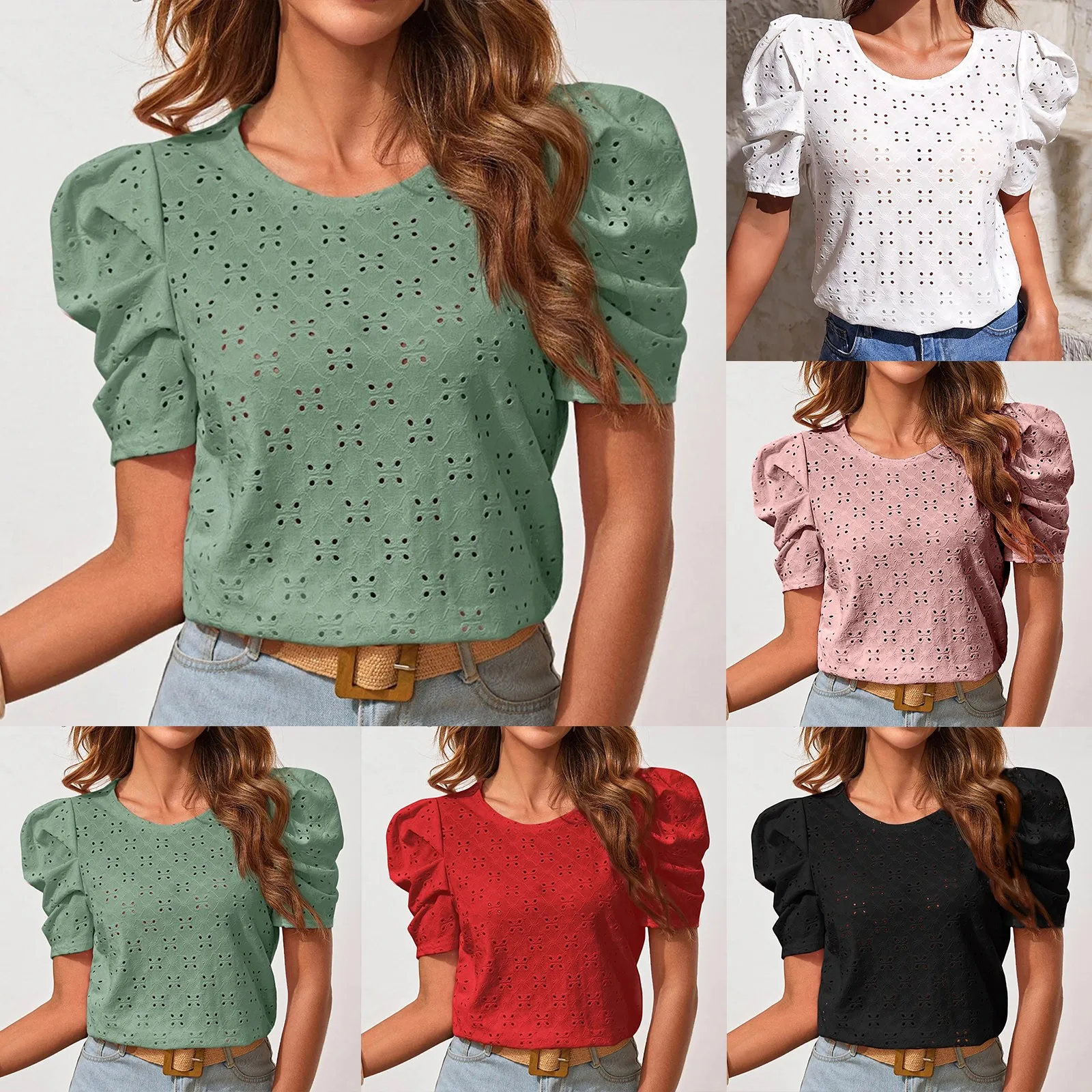 

2024 Spring And Summer Fashion Hollow Jacquard Bubble Sleeve Tops Solid Colour Women's Casual Loose Round Neck T Shirt Tops