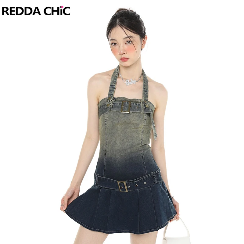 

REDDACHiC 2000s Y2k Summer Women Denim Dress Fitted Girl Gradient Color Ruffle Halter Neck Short Miniskirt Femme Vintage Clothes