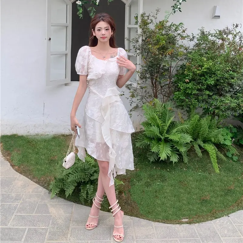 

Новинка лета 2023, наряд для девушек, белый, французский, чайный перерыв, с оборками по краям, необычный миди, бесплатная доставка