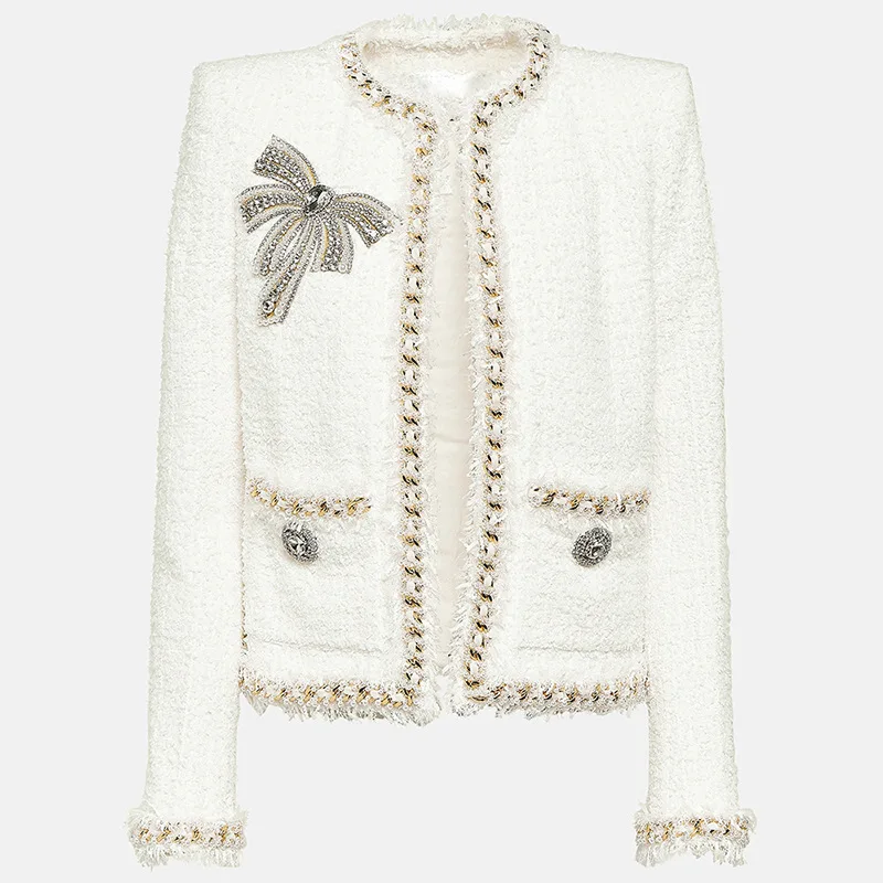 

Newest Lady Designed Fine Workmanship Rhinestone Beading Bow Short Jacket Women Tweed Chains Decoration Coats