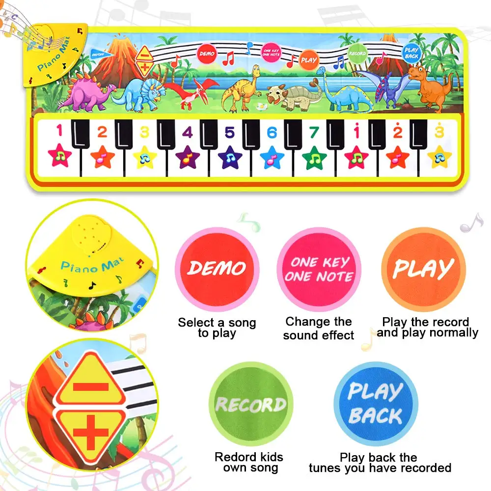 110x36cm Musical Piano Mat for Kids Toddlers Keyboard with 8 Dinosaur Sounds Baby Mat Musical Carpet Educational Toys for Kids 3