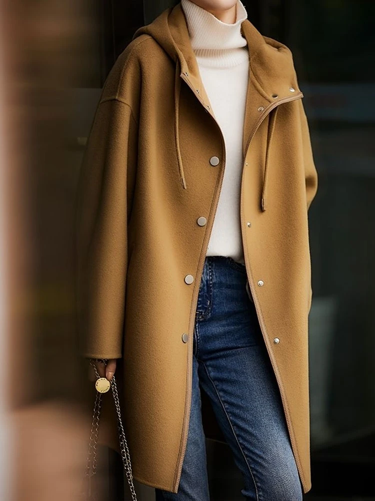 

Winter Women Elegant Casual Loose Woolen Coat Vintage Hooded Long Sleeve Warm Soft Overcoats Female Fashion Chic Clothes Cloak