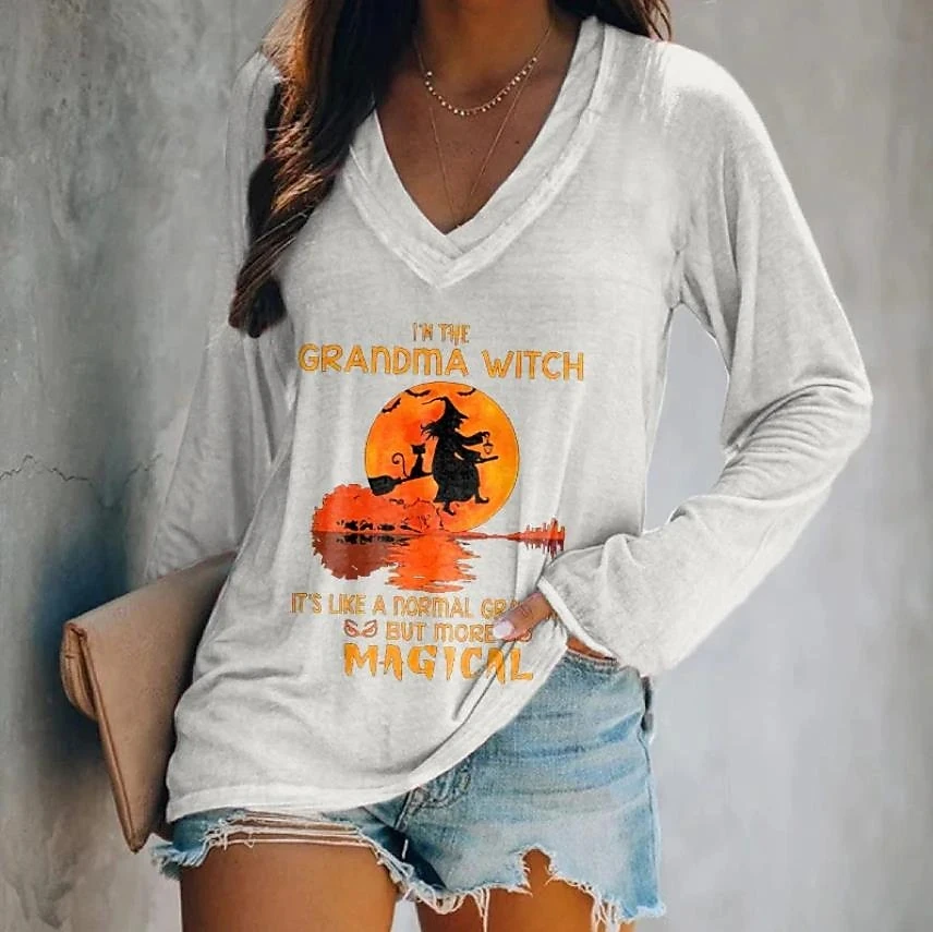 

Halloween Graphic Print Women's T-shirt Cotton Festival Long Sleeve Tees V Neck Fashion Pullover Female Oversized Shirt Tops