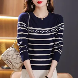 New Spring and Autumn Fashion Trend Stripe Round Neck Loose and Versatile Luxury Western Commuter Mother's Knitted Woolen Sweate