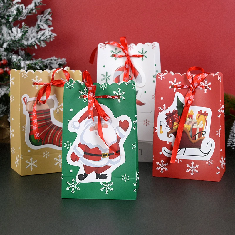 

4pcs Christmas Kraft Paper Candy Bags Merry Xmas Party Favor Bag Candy Cookie Pouch Gift Wrapping Supplies New Year 2024 Navidad