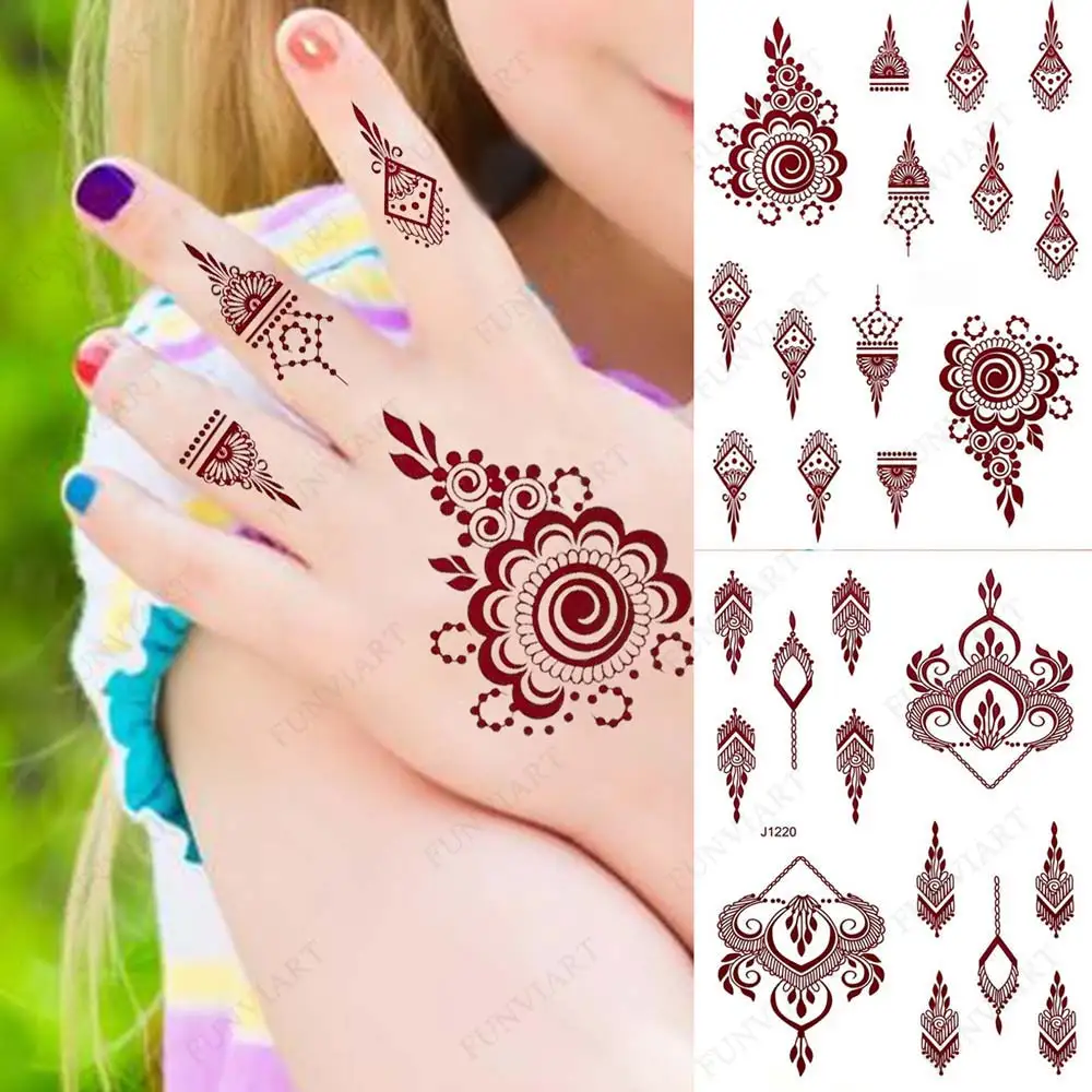 Brown Henna Tattoo Sticker for Children Waterproof Temporary Tattoos Small Size Mehndi Fake Tattoo for Hand Girl Sleeve Body Art