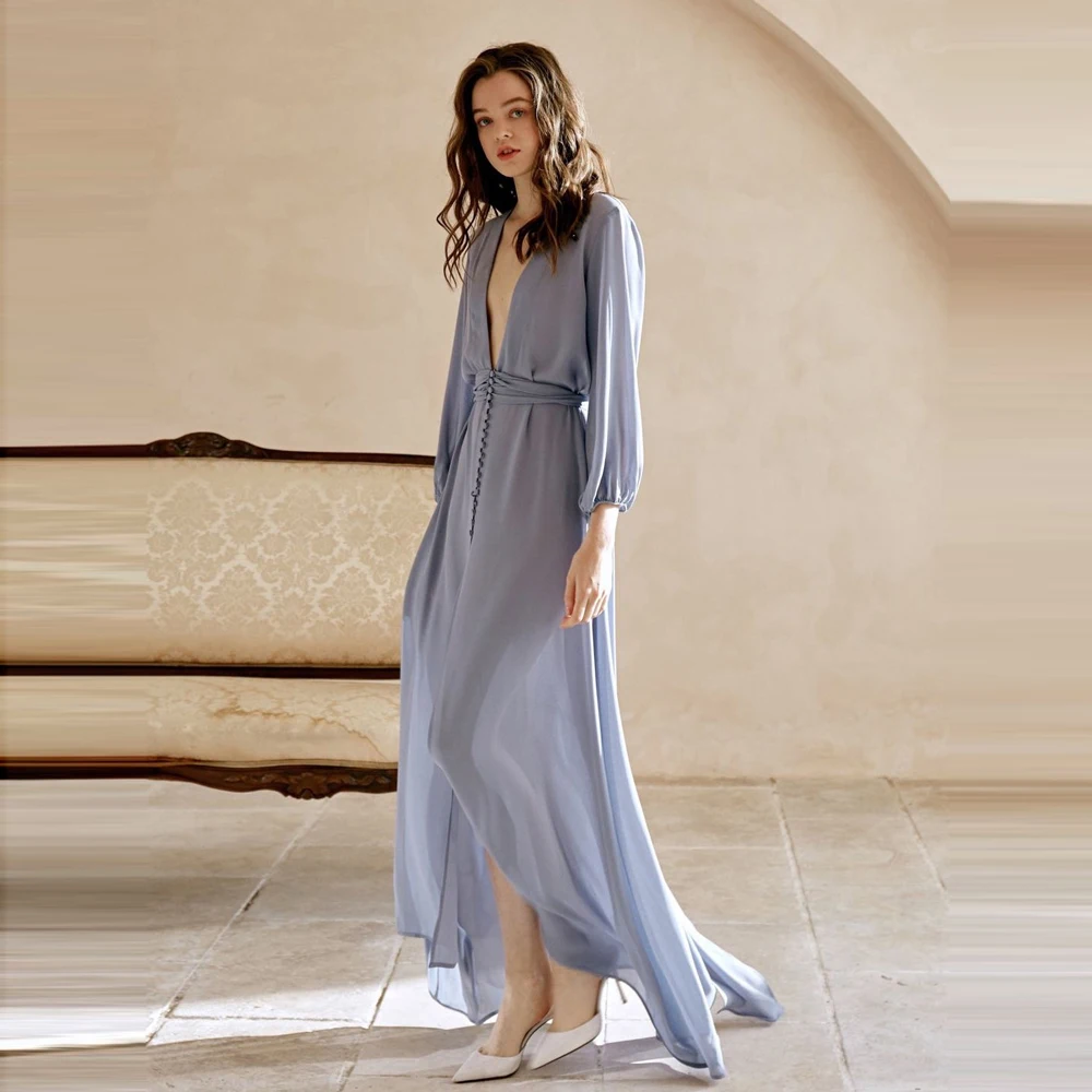 

Evening Dress sexy Long-Sleeves simple formal dress Women Modern Wedding Bride Dress with deep V-neck prom dress