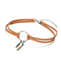 Femmes bohème tour de cou Boho plume perle pendentif en cuir marron chaîne collier mode dame bijoux fête cadeau 1