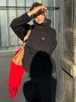 Solid Turtleneck Double-Breasted Pocket Coats Women Casual Loose Full Sleeve Female Jacket 2025 Autumn Office Lady Jackets 6