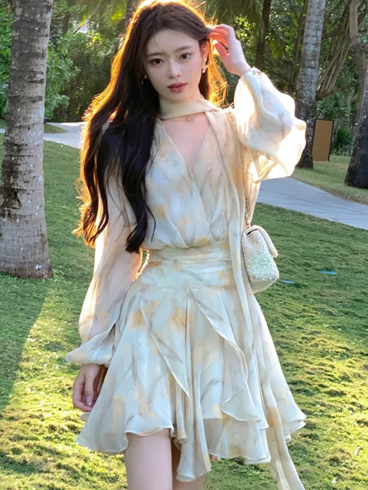 

Elegant Chiffon Short Dresses for Women V-neck Lantern Sleeves Ruffles A-line Summer New Holiday Style Printed Vestidos Mujer