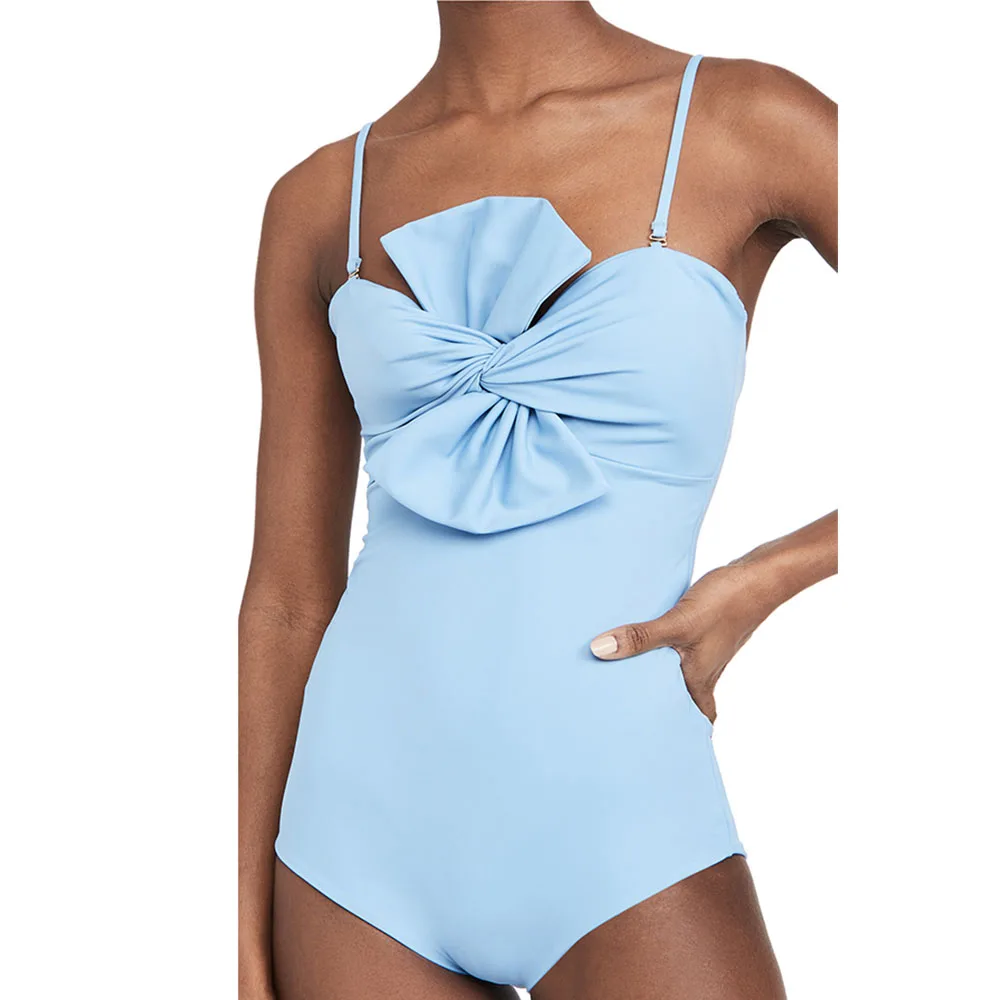 Solid Color Bow Sexy One Piece Swimsuit Detachable Strap Push Up Bikini 2024 Women Summer Vacation Seaside Strappy Swimwear  ﻿