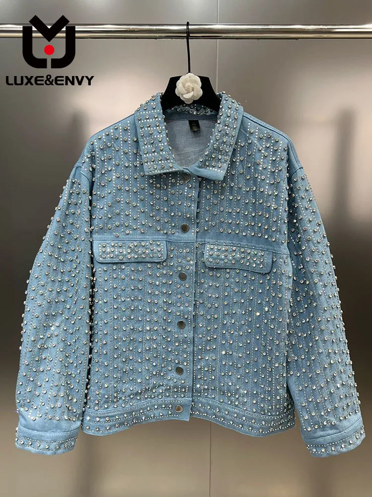 

LUXE&ENVY Online Red Grapefruit Polo Collar Long Sleeve Diamonds Heavy Industry Shiny Loose Street Trendy Denim Coat 2023 Autumn