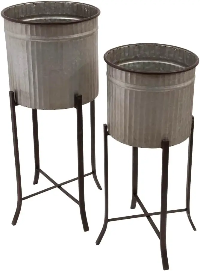 

Round Corrugated Metal Planters on Stands, Set of 2 Sizes, Silver and Black