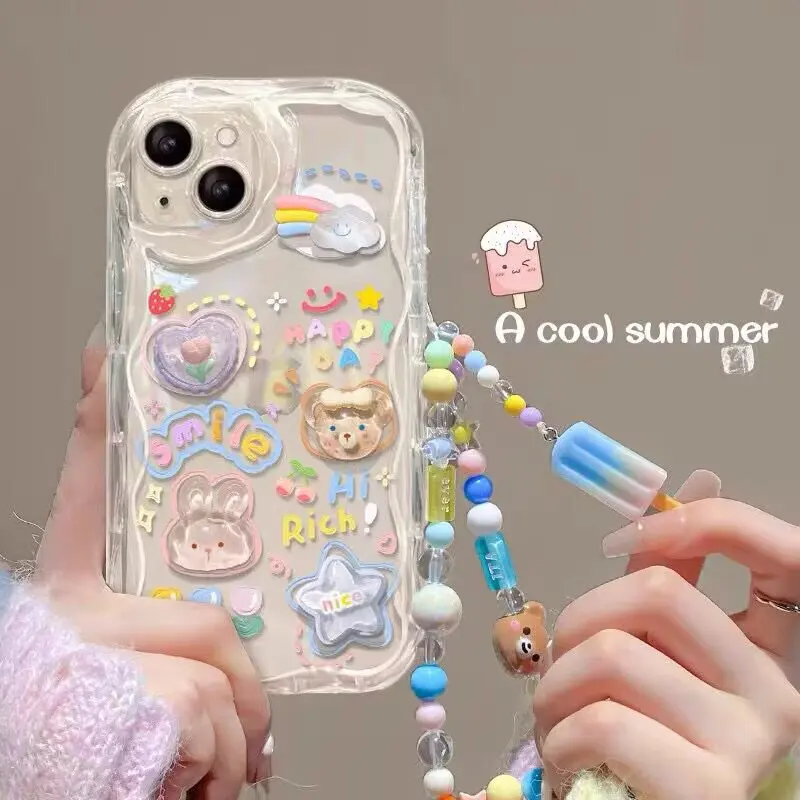 Charming 3D Bear & Flower Chain Lanyard Clear Soft Phone Case