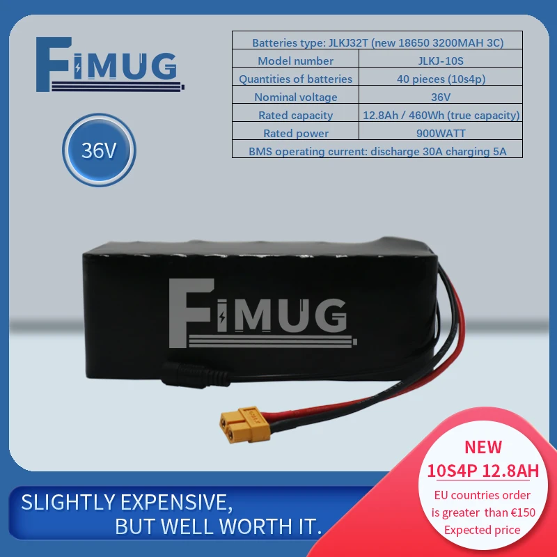 Fimug 36v New Battery Pack18650 Cell 10s4p 3200mah 12.8ah 460wh 900watt