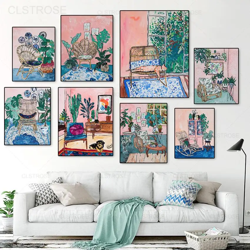 

European Vintage Oil Canvas Painting Girl Bedroom Sofa Cat Plant Wall Art Posters and Prints Home Decor Living Room Bedroom