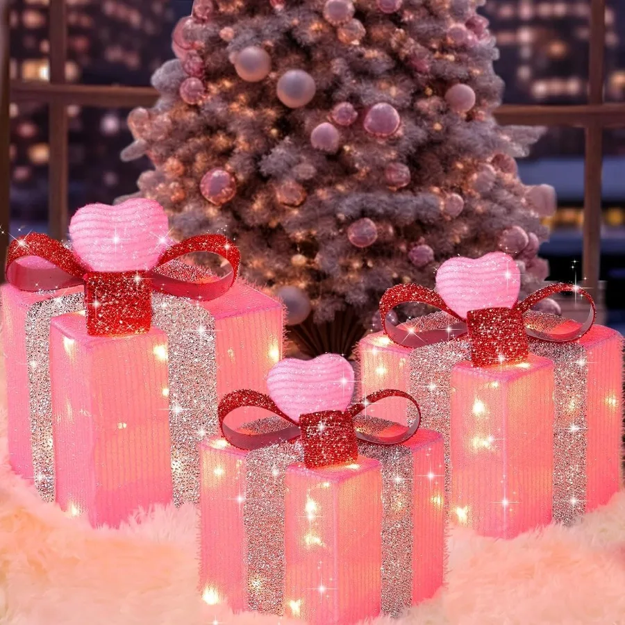 Timer 8 Mode 3 Pack Christmas Decorations with Lighted Gift Boxes Featuring Pink Hearts and Red Glitter Bow 60 LED Battery Oper