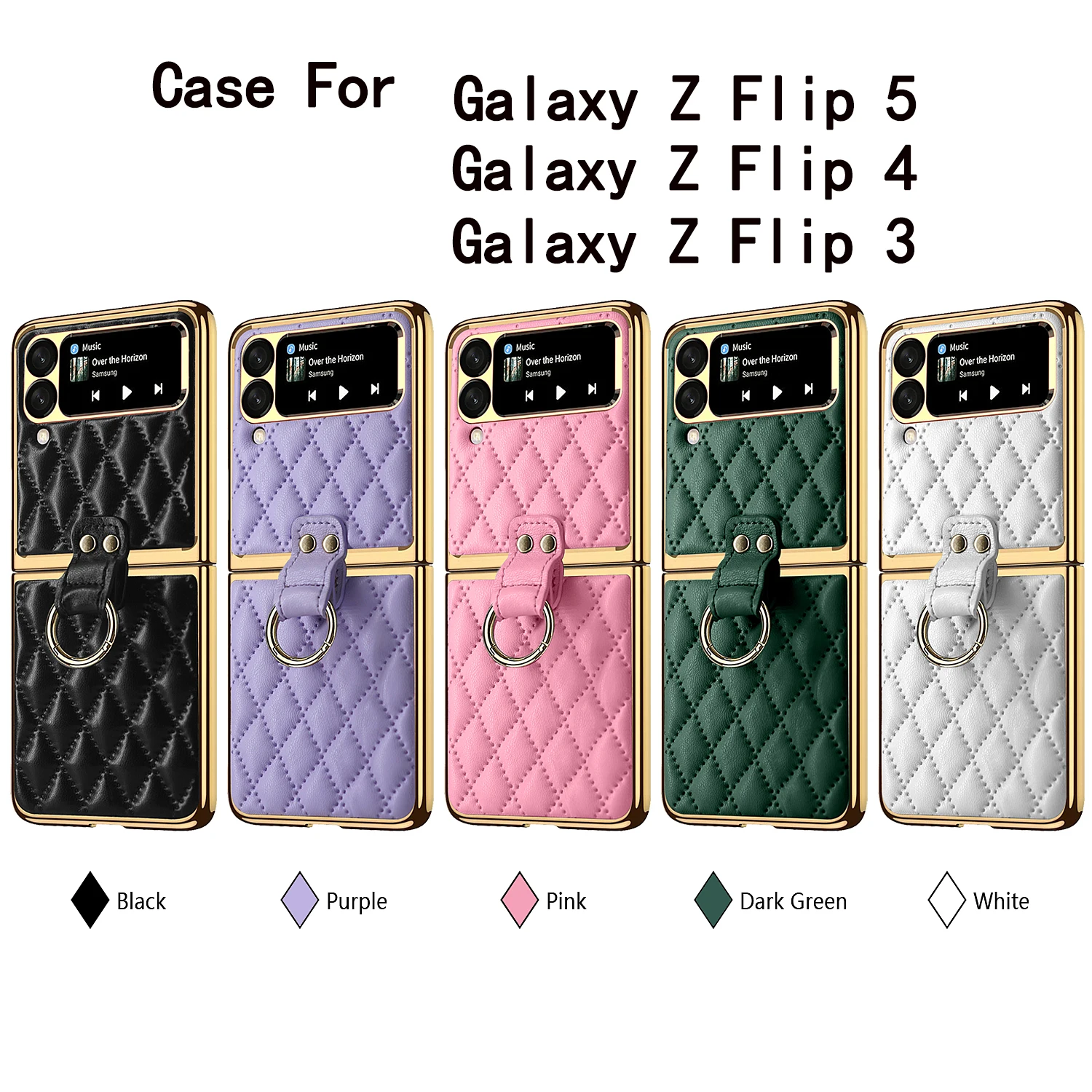 Leather Case for Samsung Galaxy Z Flip5 4 3 5G Ring Holder Shockproof Protective Cover with Camera Lens Protection Plating Frame