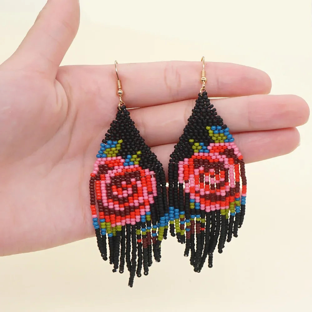 Rice Bead Earrings Hand knitting Beading Bohemia Big red