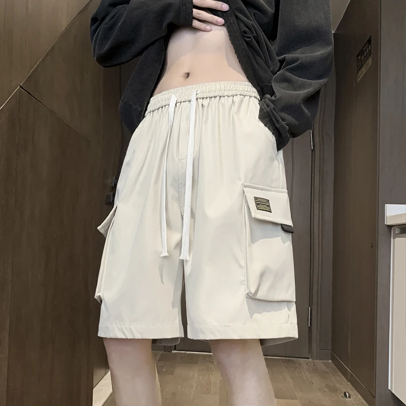 Men's Summer Solid Elastic High Waisted Pockets with Letter Print Casual Loose Sportswear Trousers Fashion Vintage Shorts Pants