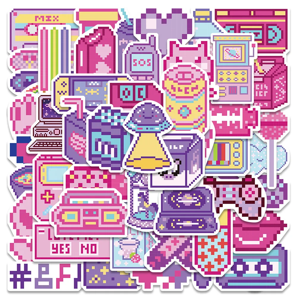 

10/30/50PCS INS Style Cute Pink Purple Pixel Cartoon Stickers DIY Scrapbooking Laptop Phone Stationery Graffiti Decals Kids Toy