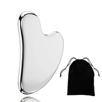 1pc Gua Sha Board Beauty Cura della pelle Strumento per il viso Strumento per massaggio GuaSha in acciaio inossidabile Naturale universale per il viso Argento Metallo