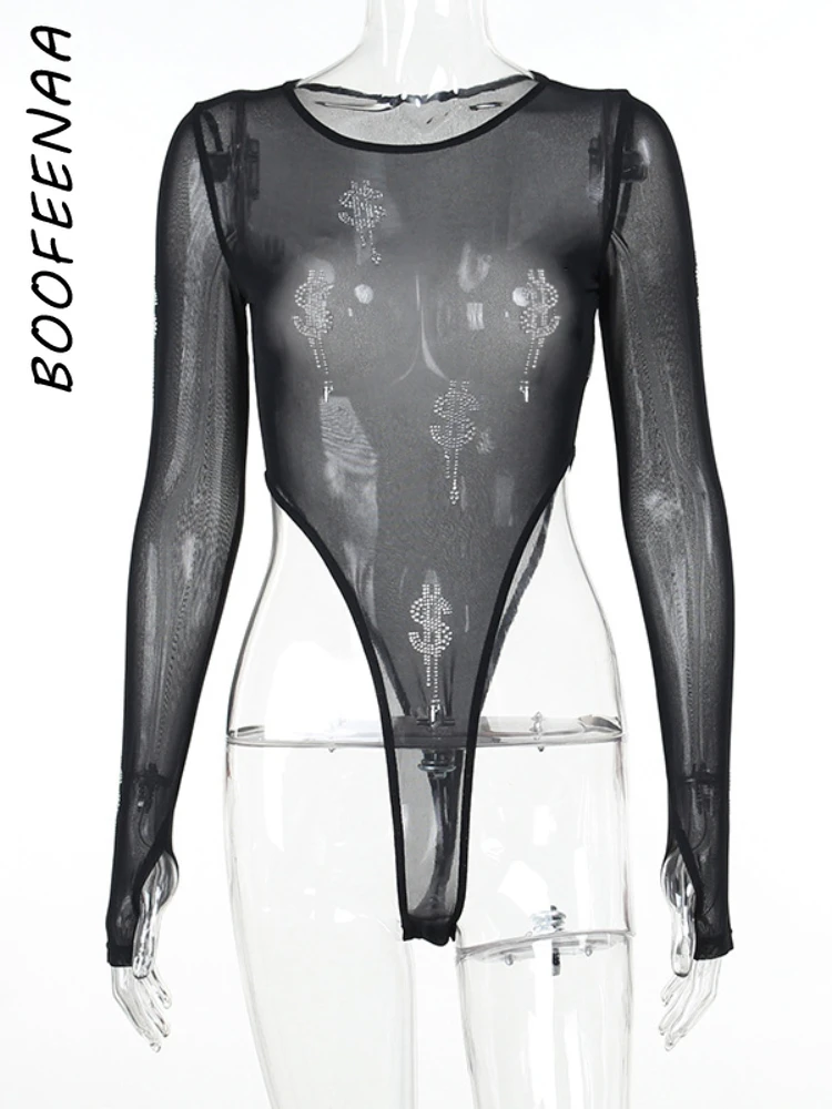 BOOFEENAA Sexy Rhinestone Mesh Body Suit for Women Tops Long Sleeve Bodycon  Black Nude Rave Festival Nightclub Outfits C66-BF10