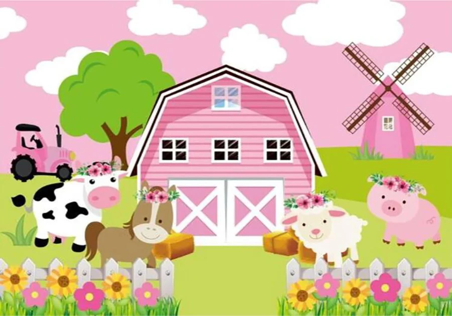 Farm Pink Animals Barn Door Baby Shower Barnyard Fondali Computer Print Neonato Studio Fotografico Sfondi