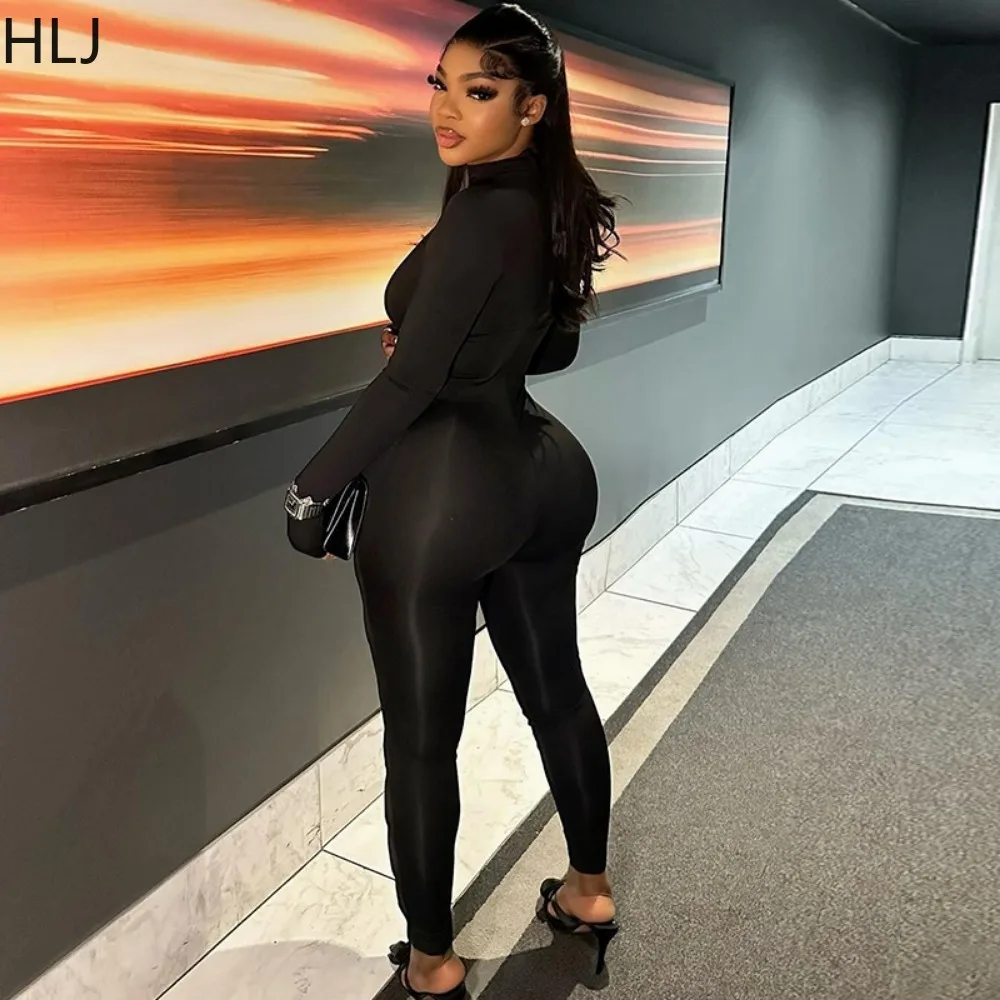 HLJ Black Sexy Hollow Out Bodycon Nigthclub Jumpsuits Women Round Neck Long Sleeve Slim Playsuits Fashion Solid Color Overalls