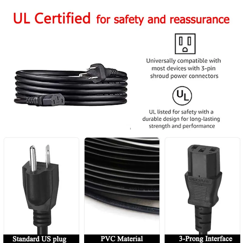 Enhanced Power Connect Cable with US Plug and 3-Prong Copper Connector – 1.5m to 3m Length, 110V-220V Range