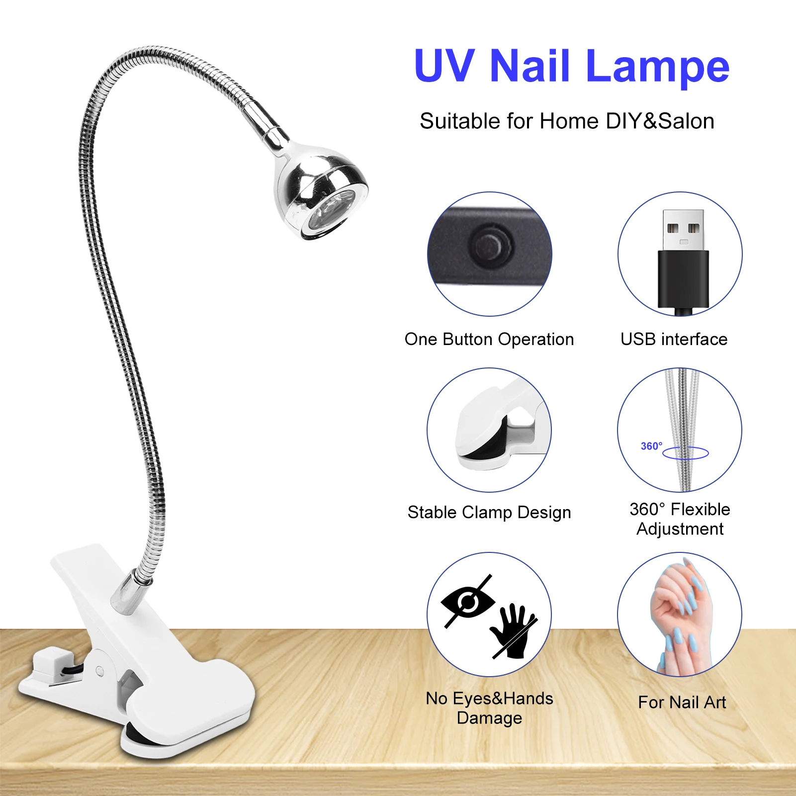 395nm UV 네일 램프, USB 전원 젤 네일 경화 램프, 휴대용 젤 폴리쉬 네일 드라이어, 온/오프 스위치, 강력한 클램프, 360도 회전 °