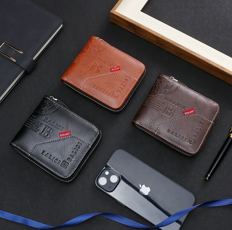 

Кошелек мужской из искусственной кожи, короткий бумажник из вощеной кожи, винтажный клатч на молнии с монетницей