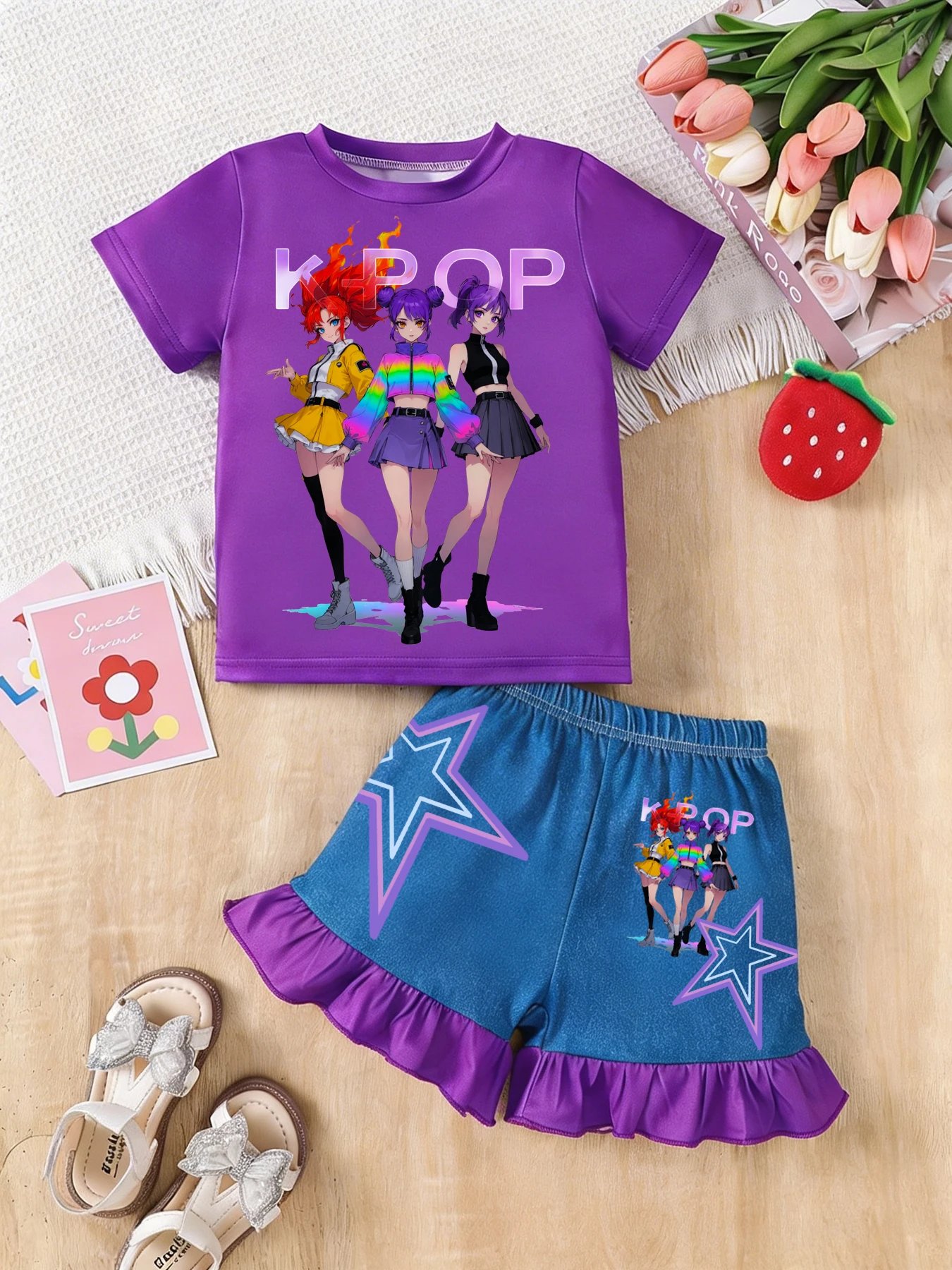 Trendiges Mädchen K-Pop Anime Grafik 2-teiliges Set Kurzarm-T-Shirt & Rüschensaum-Shorts Kinder Streetwear