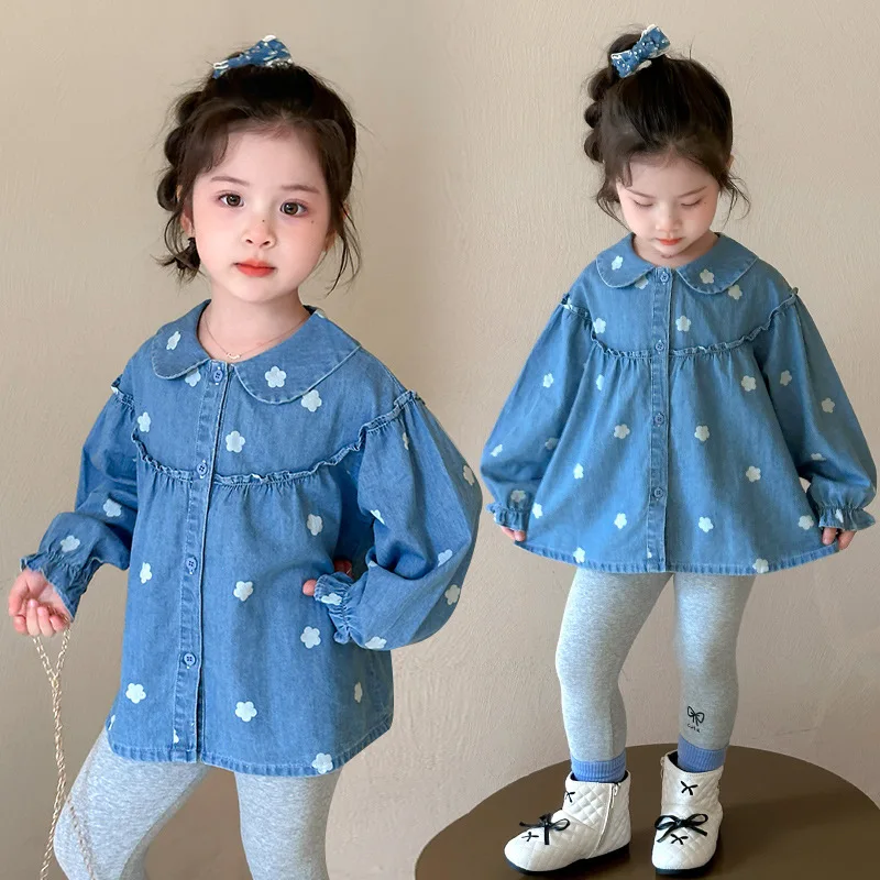 여아용 꽃무늬 데님 셔츠 봄 가을 아동 한국 패션 캐주얼 상의 어린이 봄옷