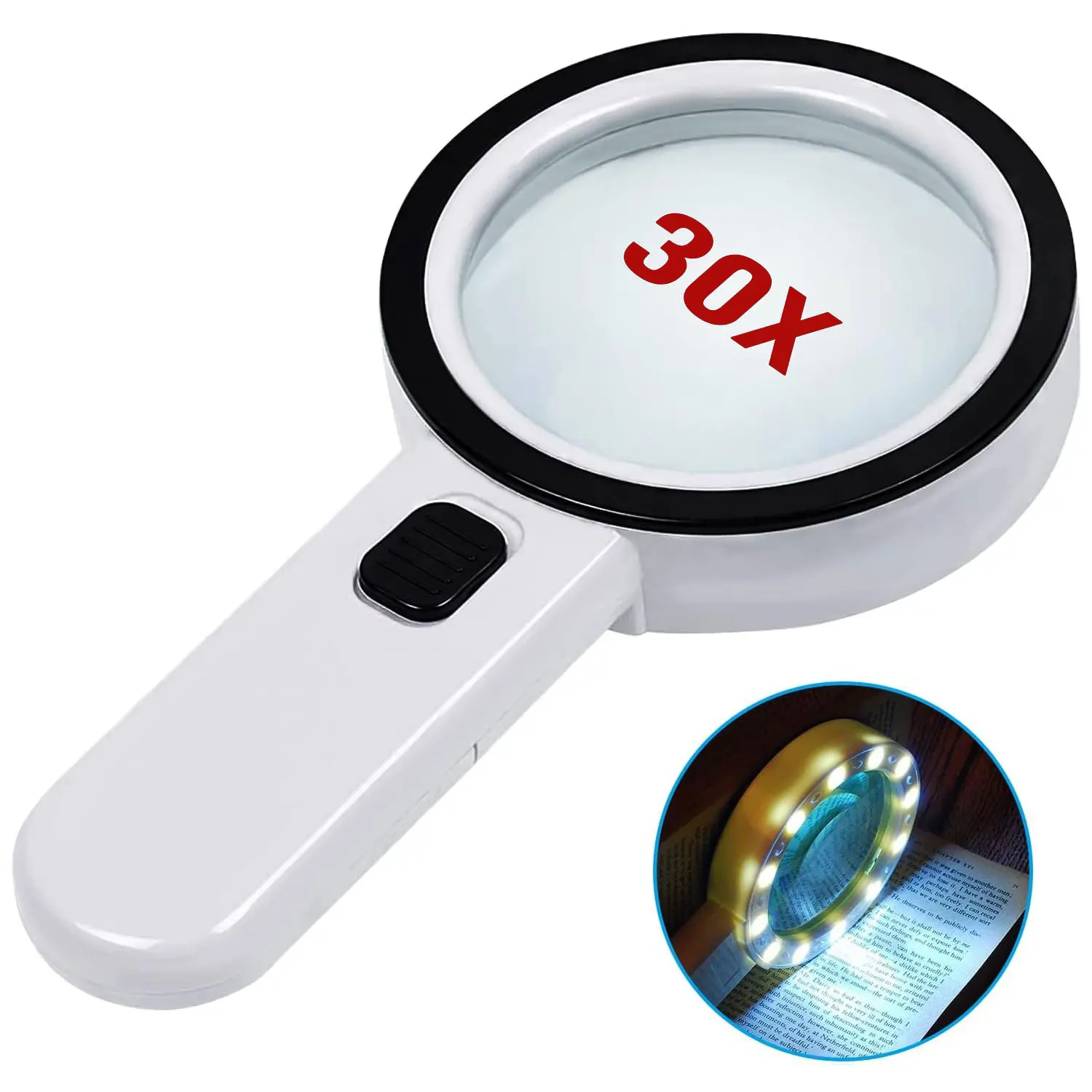 

30X Handheld Reading Magnifying Glass with 12 LED Lights Illuminated Magnifier for Seniors Inspection Coins Jewelry Watch Repair