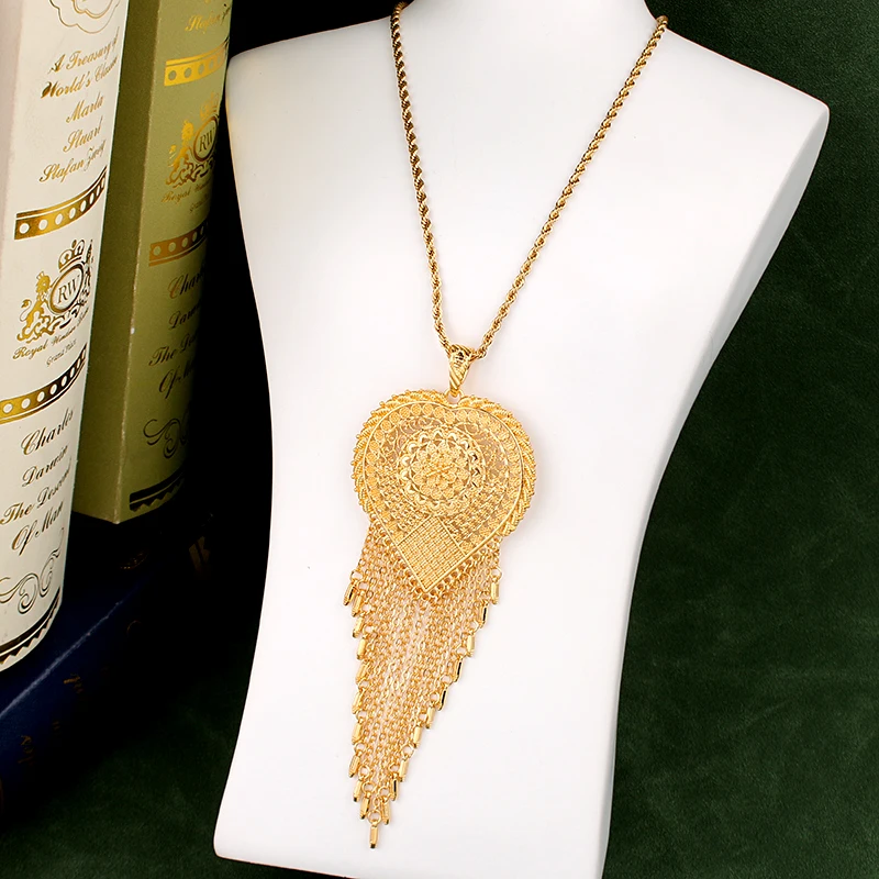 Heart Shape Tassels Gold Color Pendant for Women Kurdish Trendy Jewelry Pendants for Bridal Arabic Luxury Wedding Collections