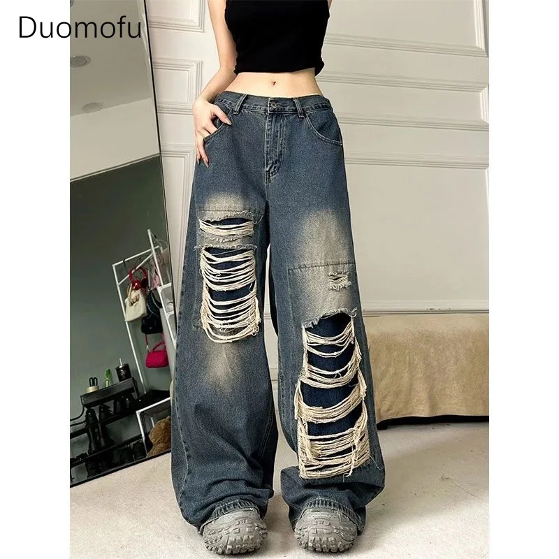

Duomofu Ripped Baggy Jeans for Women Summer Streetwear Fashion High Waist Boyfriend Jeans for Women Gothic Denim Pants Woman
