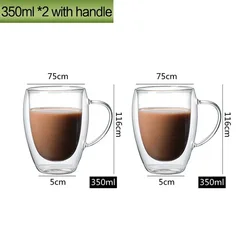 350ml Double Wall Handmade Glass Cup - Transparent Heat Resistant Drinkware for Tea, Coffee, Beer, and More (350ml X2 with handle)