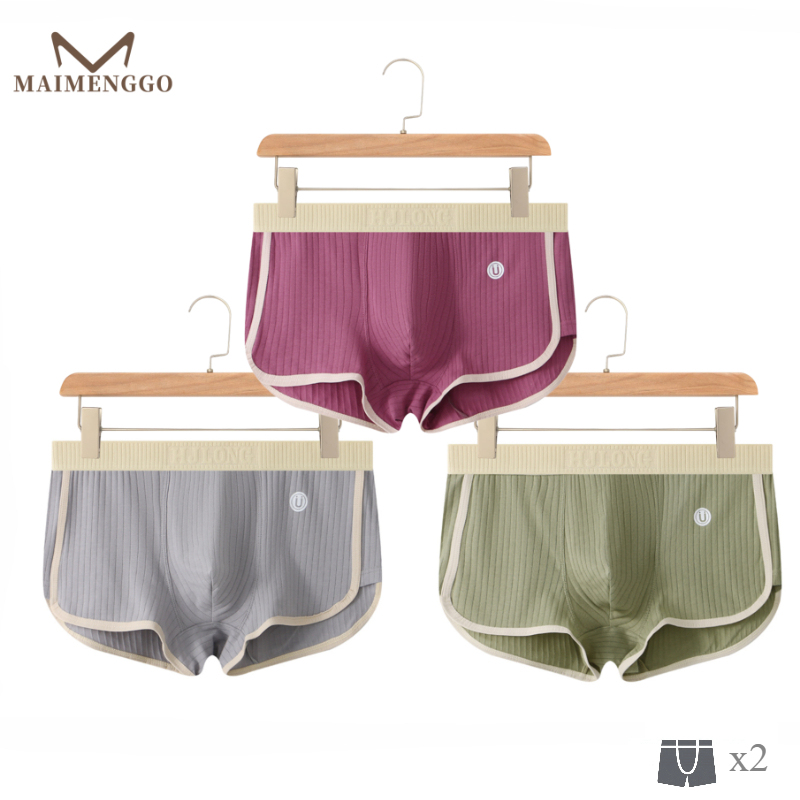 2PCS/Pack 100% Cotton Solid Striped Men's Boxer Sexy Breathable Mesh U Crotch Underwear High Elastic Widen Waistband Underpants