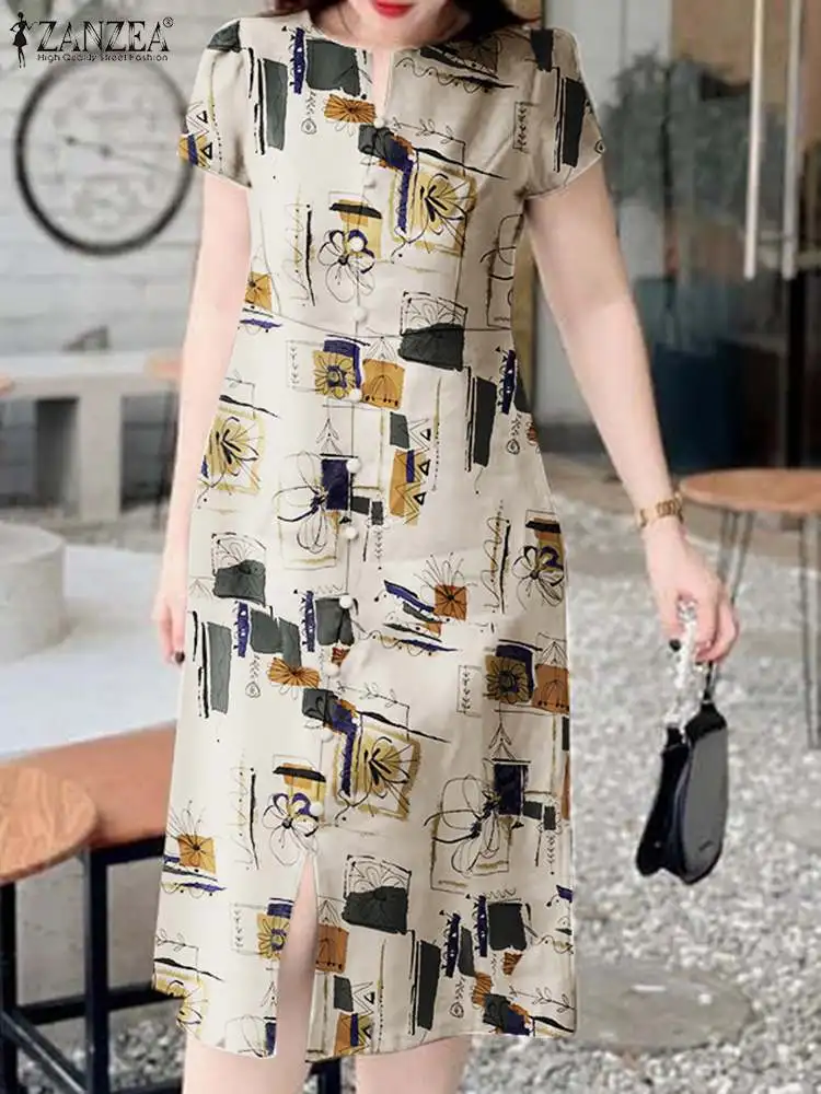 

ZANZEA Elegant Short Sleeve Slit Hem Vestidos Summer Holiday Floral Print Dress Women Casual Midi Dress 2024 Vintage Party Roes