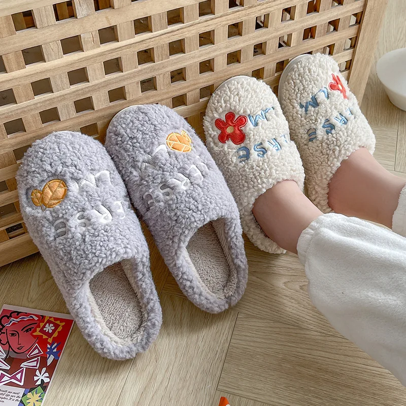 Fuzzy Women Slipper floral Winter Warm Kawaii Plush Contton Indoor Floor Non Slip House Home Men Male Shoes Female 2024 New In