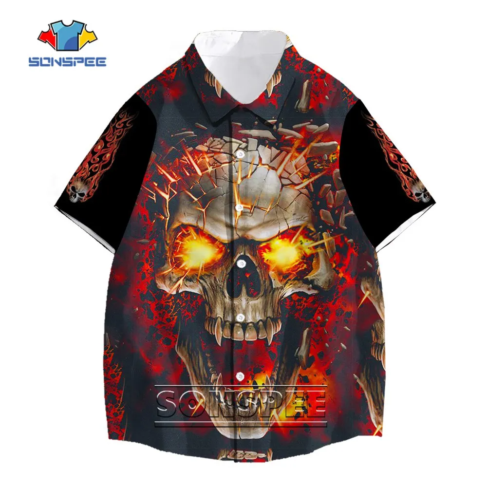 

SONSPEE Horror Hell Demon Skull Shirt Amazing Design Custom Hawaiian Shirt Summer Harajuku Casual Loose Beach Short Sleeve Top